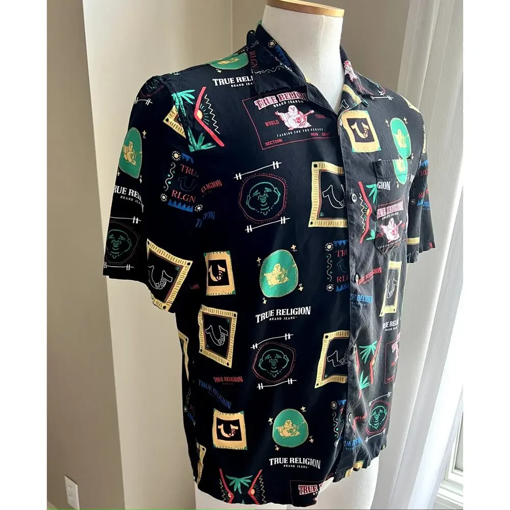True Religion resort wear print collar black button down shirt size L